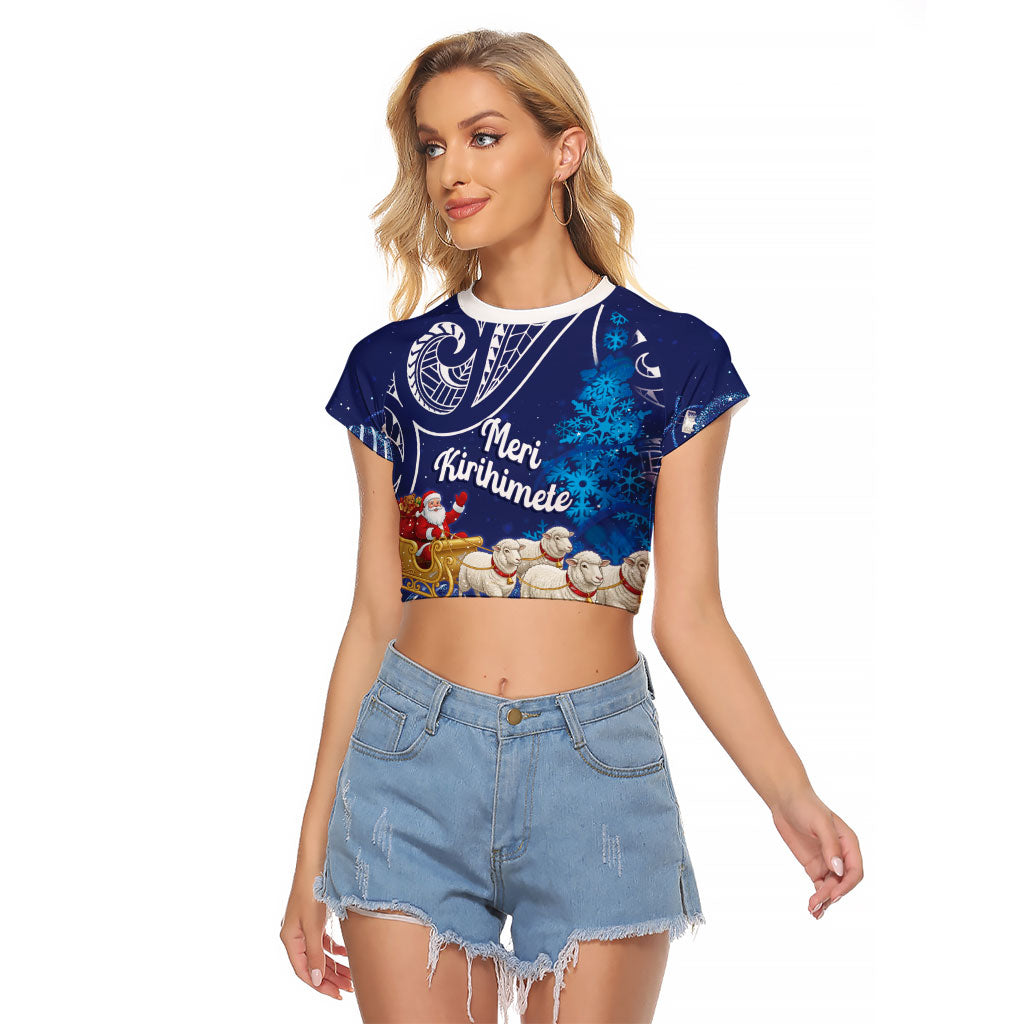 New Zealand Christmas In July Personalised Raglan Cropped T Shirt Funny Santa Sheep Meri Kirihimete Blue