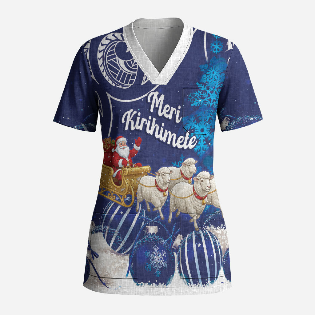 New Zealand Christmas In July Personalised Scrub Top Funny Santa Sheep Meri Kirihimete Blue