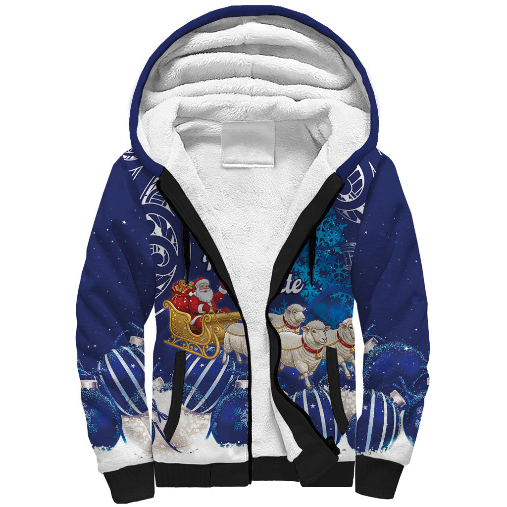 New Zealand Christmas In July Personalised Sherpa Hoodie Funny Santa Sheep Meri Kirihimete Blue