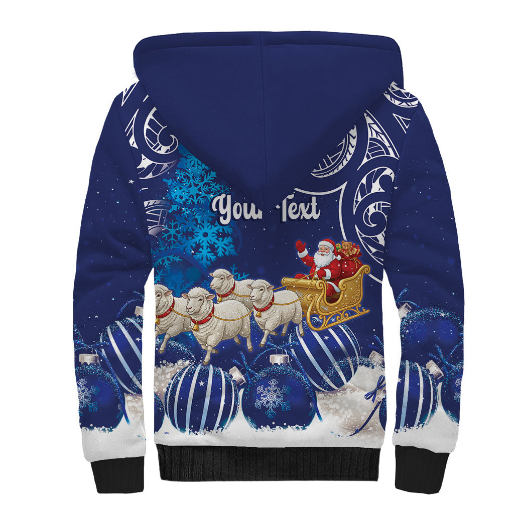 New Zealand Christmas In July Personalised Sherpa Hoodie Funny Santa Sheep Meri Kirihimete Blue