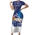 New Zealand Christmas In July Personalised Short Sleeve Bodycon Dress Funny Santa Sheep Meri Kirihimete Blue