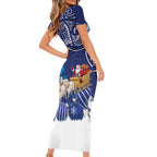 New Zealand Christmas In July Personalised Short Sleeve Bodycon Dress Funny Santa Sheep Meri Kirihimete Blue