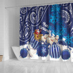 New Zealand Christmas In July Shower Curtain Funny Santa Sheep Meri Kirihimete Blue
