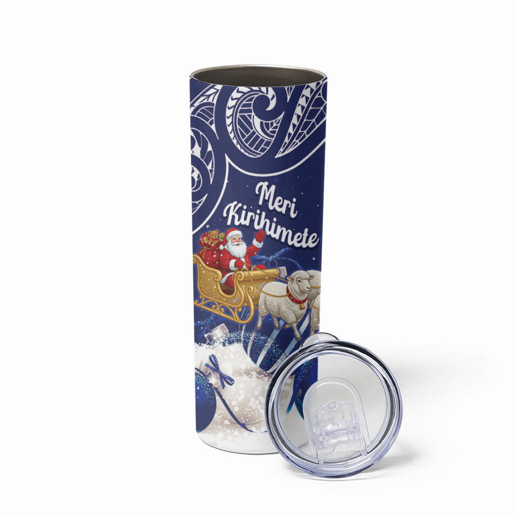 New Zealand Christmas In July Personalised Skinny Tumbler Funny Santa Sheep Meri Kirihimete Blue