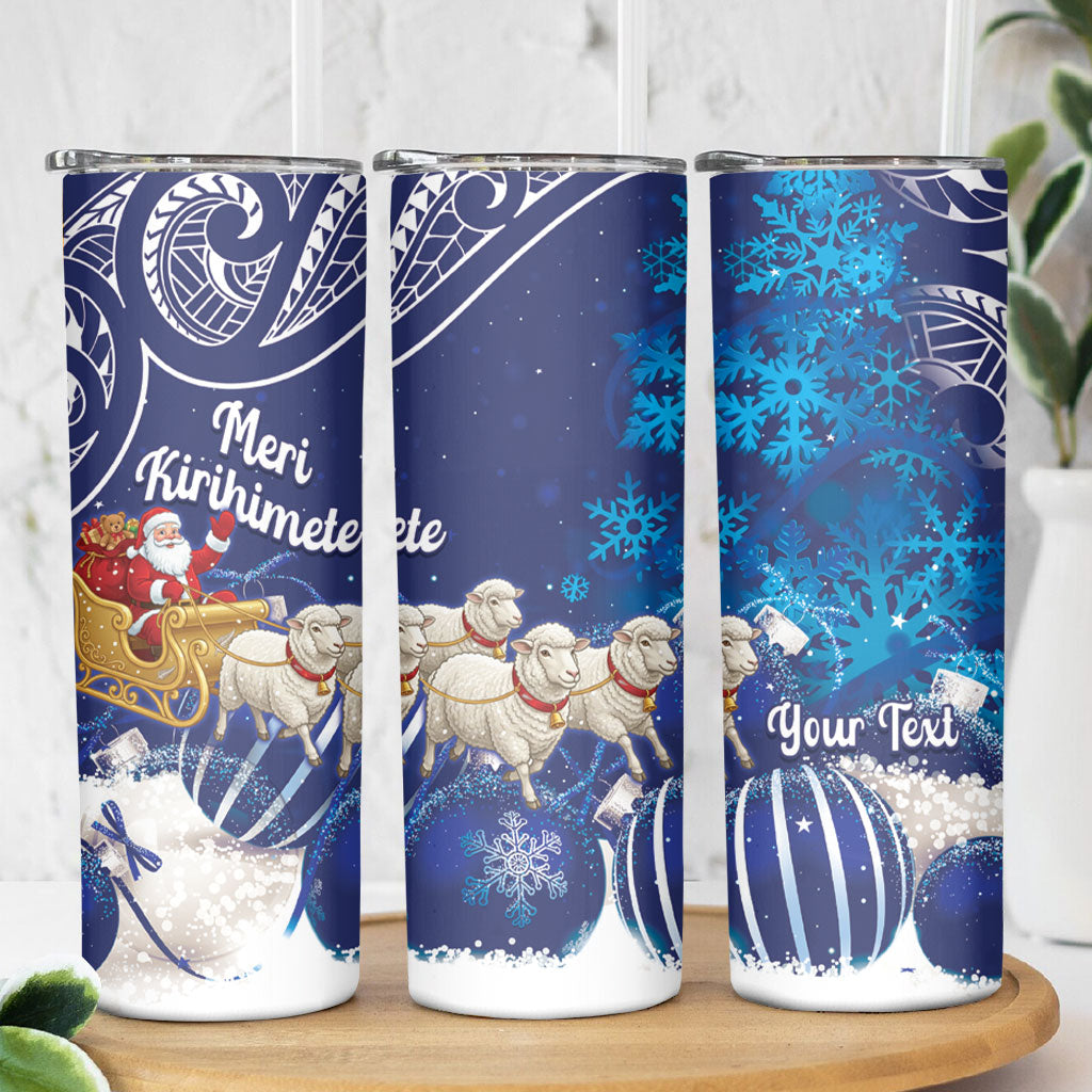 New Zealand Christmas In July Personalised Skinny Tumbler Funny Santa Sheep Meri Kirihimete Blue