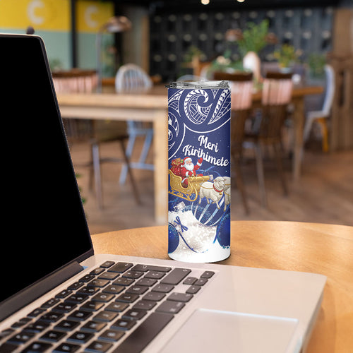 New Zealand Christmas In July Personalised Skinny Tumbler Funny Santa Sheep Meri Kirihimete Blue