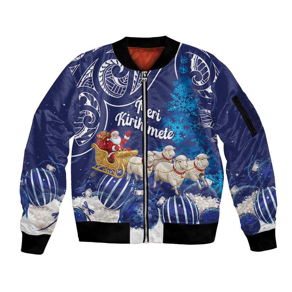 New Zealand Christmas In July Personalised Sleeve Zip Bomber Jacket Funny Santa Sheep Meri Kirihimete Blue