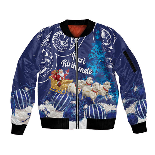 New Zealand Christmas In July Personalised Sleeve Zip Bomber Jacket Funny Santa Sheep Meri Kirihimete Blue
