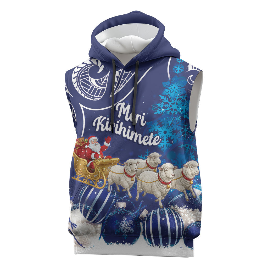 New Zealand Christmas In July Personalised Sleeveless Hoodie Funny Santa Sheep Meri Kirihimete Blue