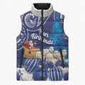 New Zealand Christmas In July Personalised Sleeveless Puffer Jacket Funny Santa Sheep Meri Kirihimete Blue