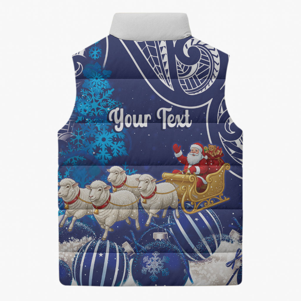 New Zealand Christmas In July Personalised Sleeveless Puffer Jacket Funny Santa Sheep Meri Kirihimete Blue
