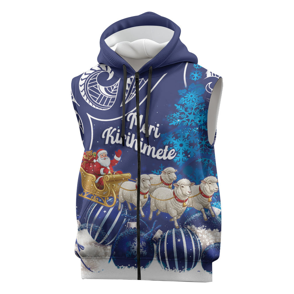 New Zealand Christmas In July Personalised Sleeveless Zip Hoodie Funny Santa Sheep Meri Kirihimete Blue
