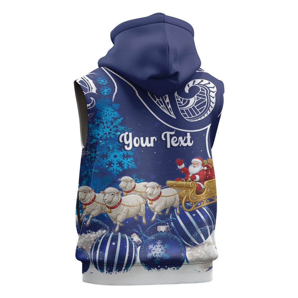 New Zealand Christmas In July Personalised Sleeveless Zip Hoodie Funny Santa Sheep Meri Kirihimete Blue