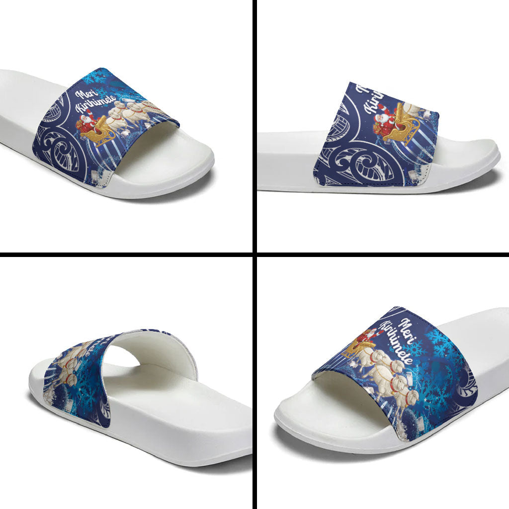 New Zealand Christmas In July Slide Sandals Funny Santa Sheep Meri Kirihimete Blue