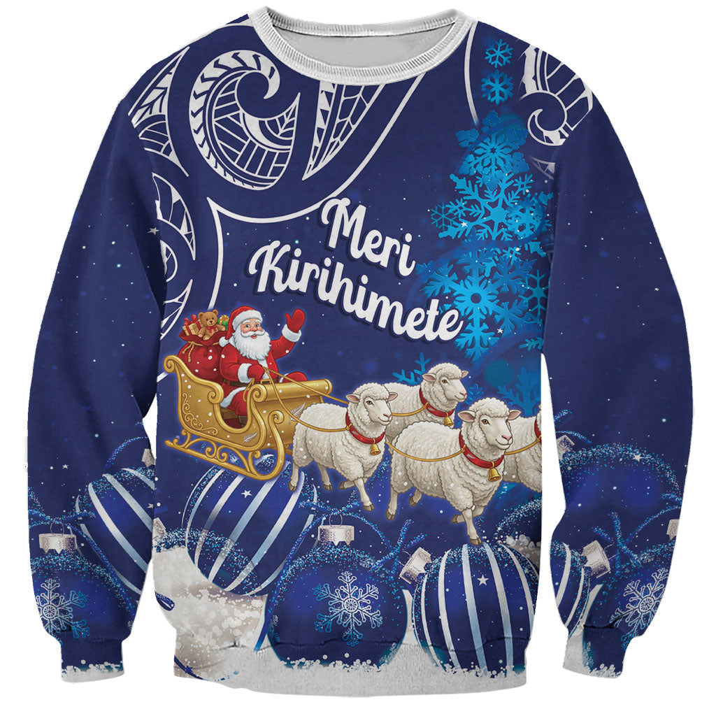 New Zealand Christmas In July Personalised Sweatshirt Funny Santa Sheep Meri Kirihimete Blue
