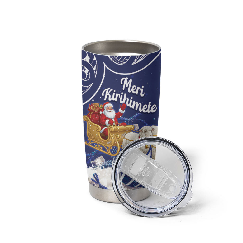 New Zealand Christmas In July Personalised Tumbler Cup Funny Santa Sheep Meri Kirihimete Blue