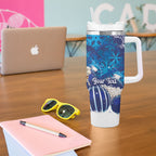 New Zealand Christmas In July Personalised Tumbler With Handle Funny Santa Sheep Meri Kirihimete Blue
