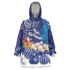 New Zealand Christmas In July Personalised Wearable Blanket Hoodie Funny Santa Sheep Meri Kirihimete Blue