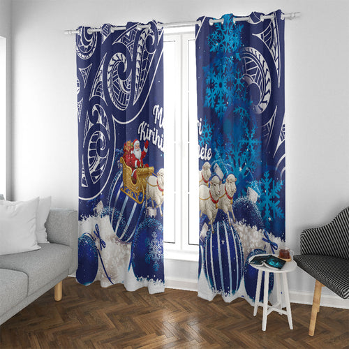 New Zealand Christmas In July Window Curtain Funny Santa Sheep Meri Kirihimete Blue