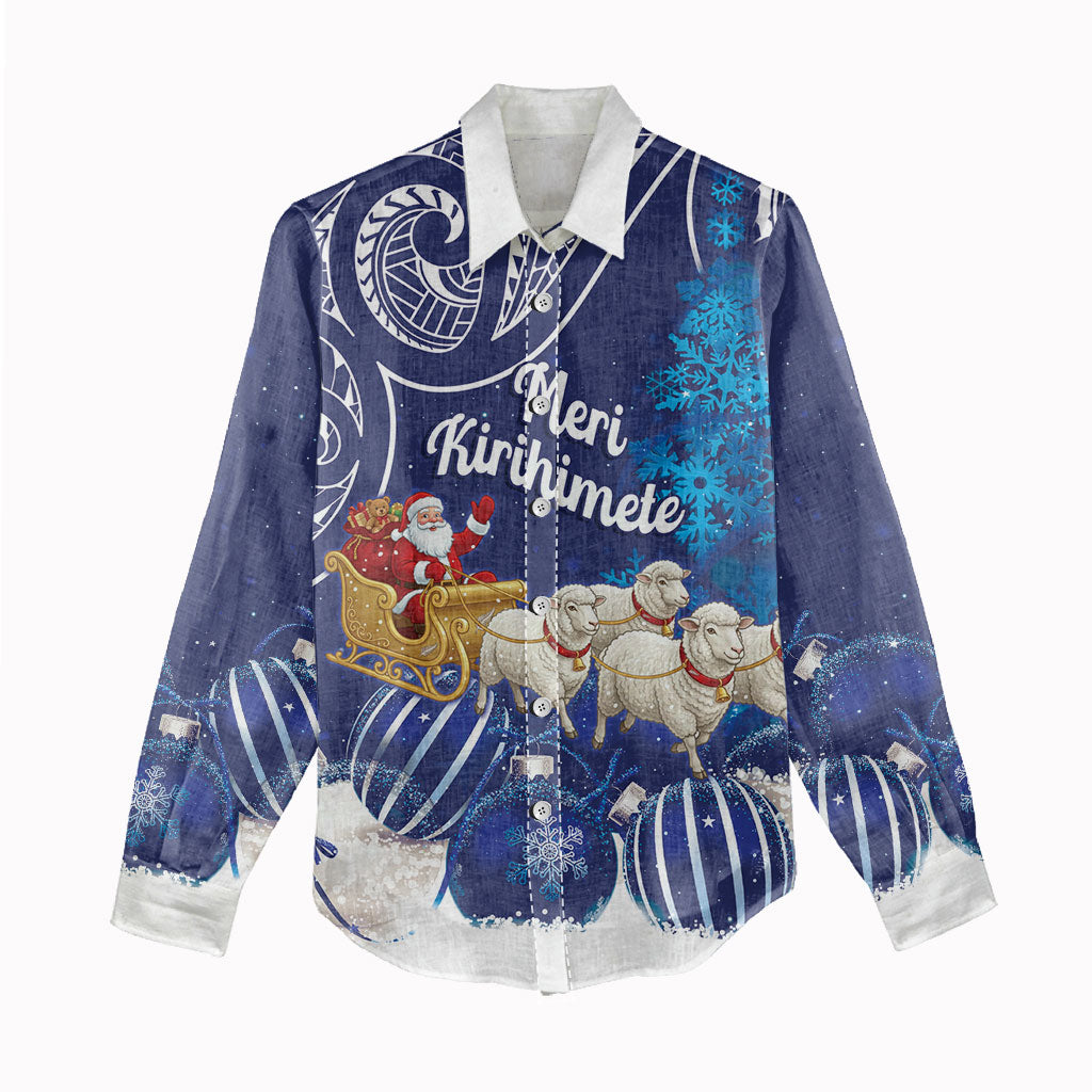 New Zealand Christmas In July Personalised Women Casual Shirt Funny Santa Sheep Meri Kirihimete Blue