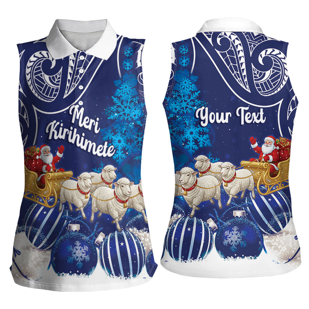 New Zealand Christmas In July Personalised Women Sleeveless Polo Shirt Funny Santa Sheep Meri Kirihimete Blue