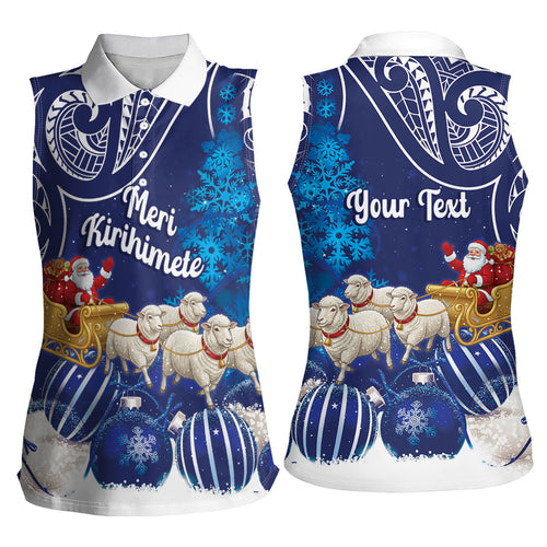 New Zealand Christmas In July Personalised Women Sleeveless Polo Shirt Funny Santa Sheep Meri Kirihimete Blue