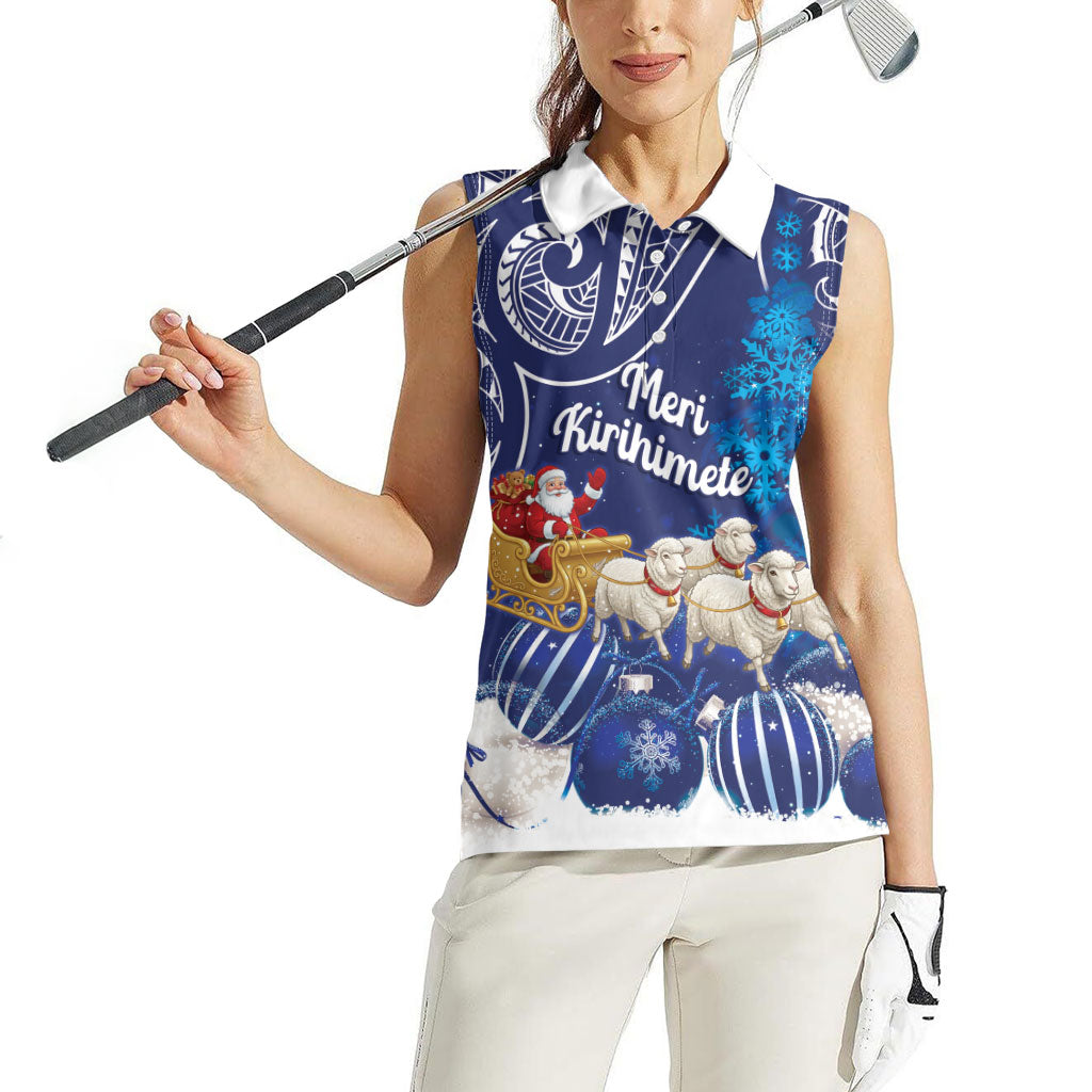 New Zealand Christmas In July Personalised Women Sleeveless Polo Shirt Funny Santa Sheep Meri Kirihimete Blue