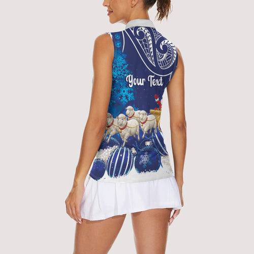 New Zealand Christmas In July Personalised Women Sleeveless Polo Shirt Funny Santa Sheep Meri Kirihimete Blue