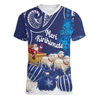 New Zealand Christmas In July Personalised Women V-Neck T-Shirt Funny Santa Sheep Meri Kirihimete Blue