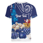 New Zealand Christmas In July Personalised Women V-Neck T-Shirt Funny Santa Sheep Meri Kirihimete Blue