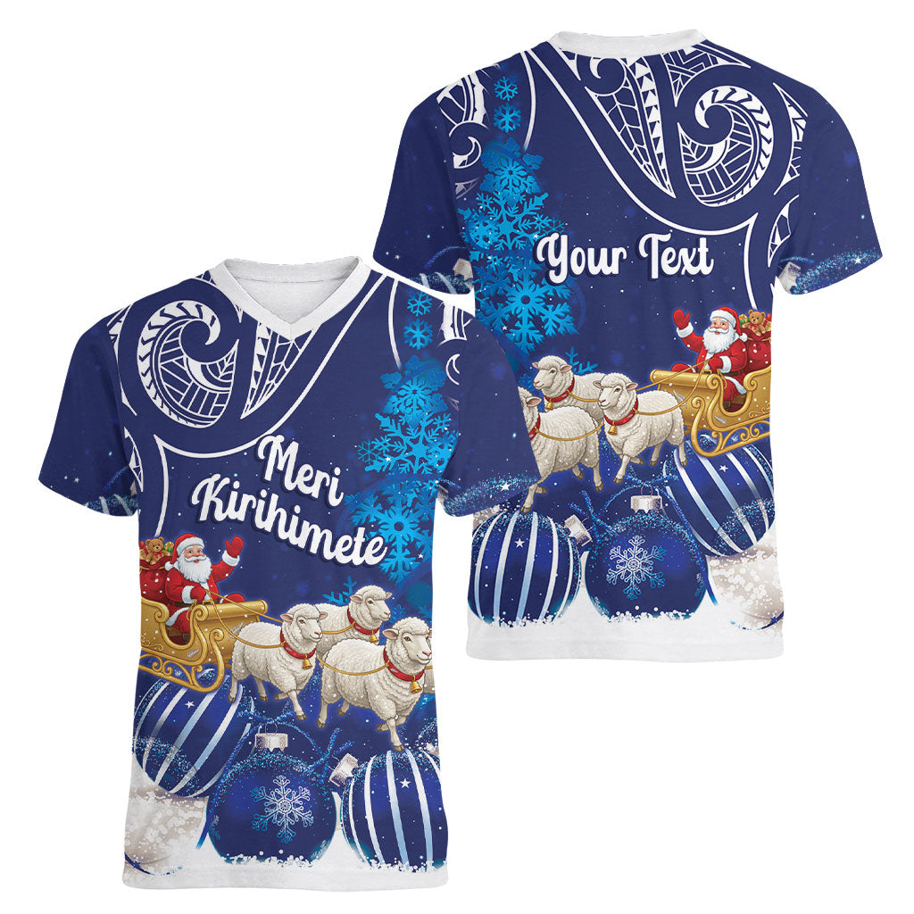 New Zealand Christmas In July Personalised Women V-Neck T-Shirt Funny Santa Sheep Meri Kirihimete Blue