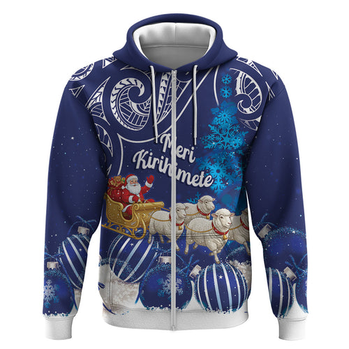 New Zealand Christmas In July Personalised Zip Hoodie Funny Santa Sheep Meri Kirihimete Blue