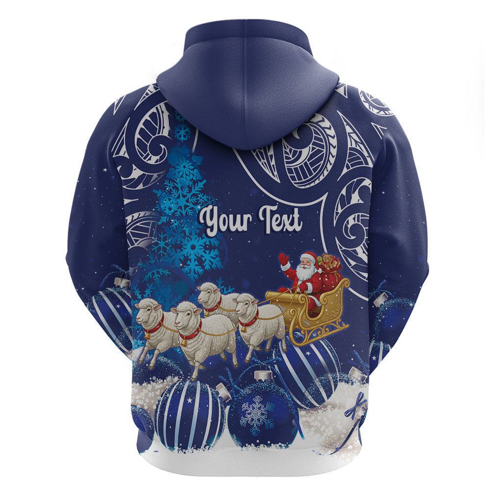 New Zealand Christmas In July Personalised Zip Hoodie Funny Santa Sheep Meri Kirihimete Blue