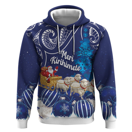 New Zealand Christmas In July Personalised Zip Hoodie Funny Santa Sheep Meri Kirihimete Blue