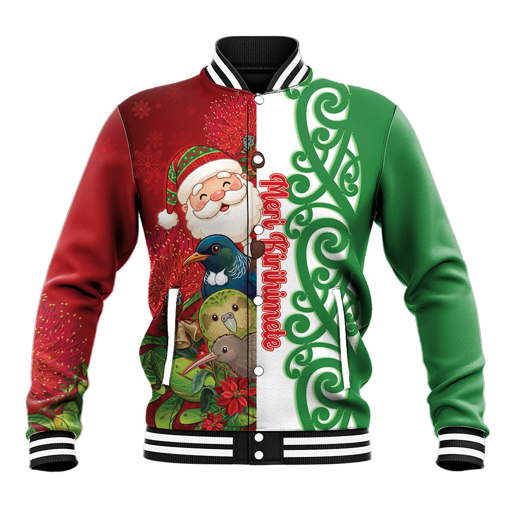 Meri Kirihimete New Zealand Personalised Baseball Jacket Cute Santa NZ Animals and Pohutukawa