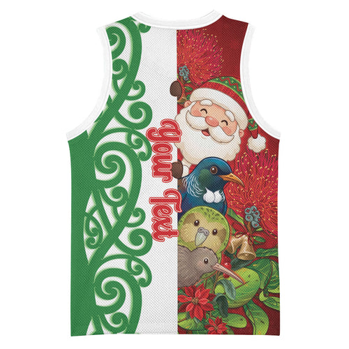 Meri Kirihimete New Zealand Personalised Basketball Jersey Cute Santa NZ Animals and Pohutukawa