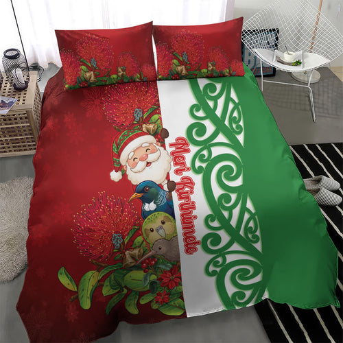 Meri Kirihimete New Zealand Bedding Set Cute Santa NZ Animals and Pohutukawa