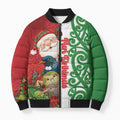 Meri Kirihimete New Zealand Personalised Bomber Puffer Jacket Cute Santa NZ Animals and Pohutukawa