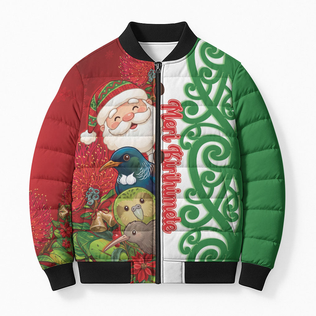 Meri Kirihimete New Zealand Personalised Bomber Puffer Jacket Cute Santa NZ Animals and Pohutukawa