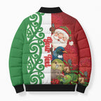 Meri Kirihimete New Zealand Personalised Bomber Puffer Jacket Cute Santa NZ Animals and Pohutukawa