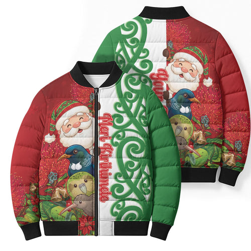 Meri Kirihimete New Zealand Personalised Bomber Puffer Jacket Cute Santa NZ Animals and Pohutukawa