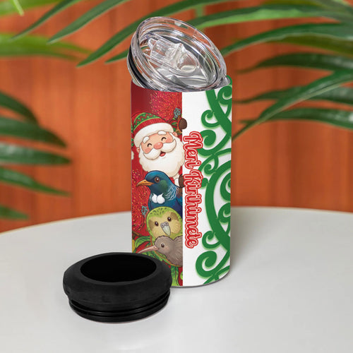 Meri Kirihimete New Zealand Personalised 4 in 1 Can Cooler Tumbler Cute Santa NZ Animals and Pohutukawa