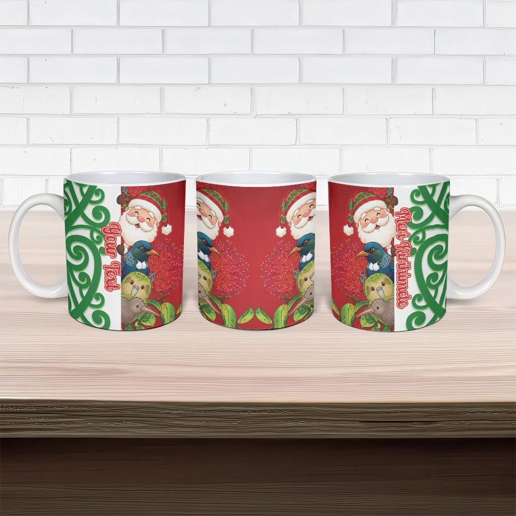 Meri Kirihimete New Zealand Personalised Ceramic Mug Cute Santa NZ Animals and Pohutukawa