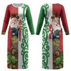 Meri Kirihimete New Zealand Personalised Couples Matching Long Sleeve Bodycon Dress and Hawaiian Shirt Cute Santa NZ Animals and Pohutukawa LT14