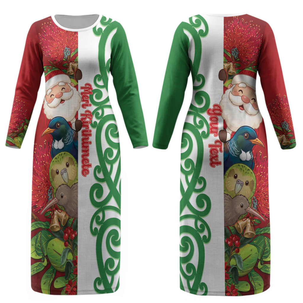 Meri Kirihimete New Zealand Personalised Couples Matching Long Sleeve Bodycon Dress and Hawaiian Shirt Cute Santa NZ Animals and Pohutukawa LT14