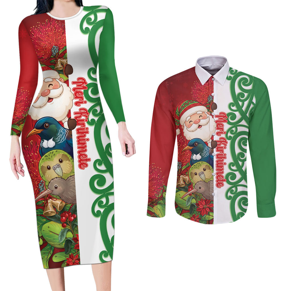 Meri Kirihimete New Zealand Personalised Couples Matching Long Sleeve Bodycon Dress and Long Sleeve Button Shirt Cute Santa NZ Animals and Pohutukawa