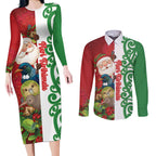 Meri Kirihimete New Zealand Personalised Couples Matching Long Sleeve Bodycon Dress and Long Sleeve Button Shirt Cute Santa NZ Animals and Pohutukawa