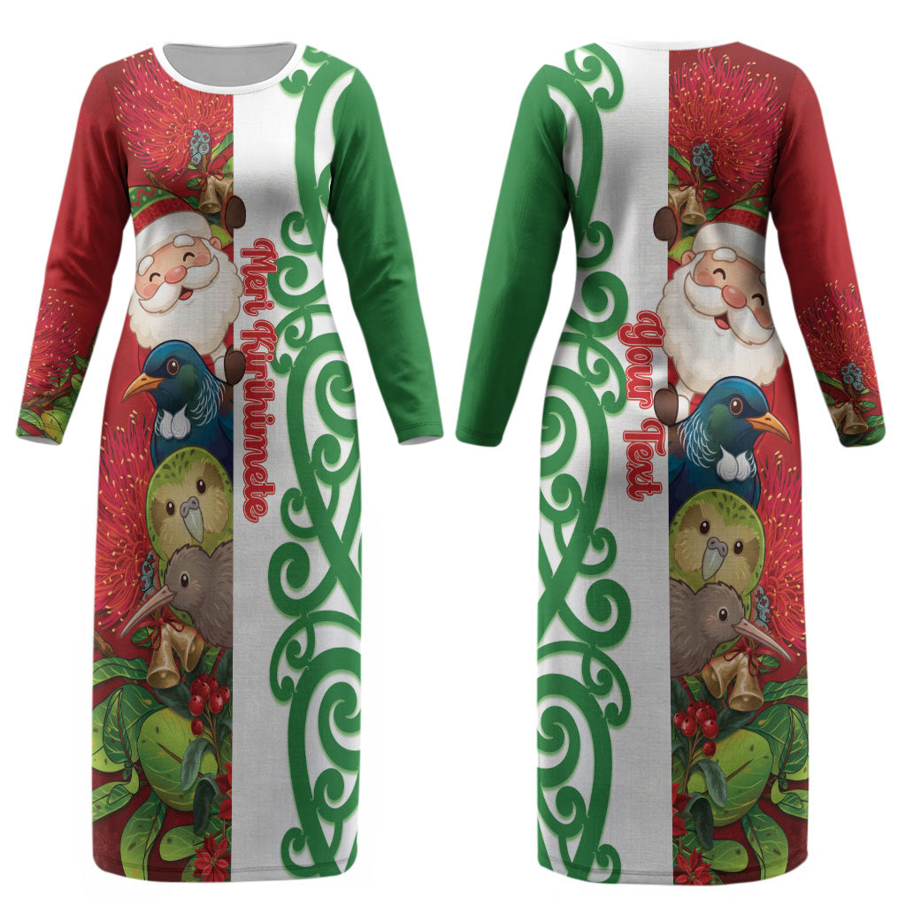 Meri Kirihimete New Zealand Personalised Couples Matching Long Sleeve Bodycon Dress and Long Sleeve Button Shirt Cute Santa NZ Animals and Pohutukawa LT14