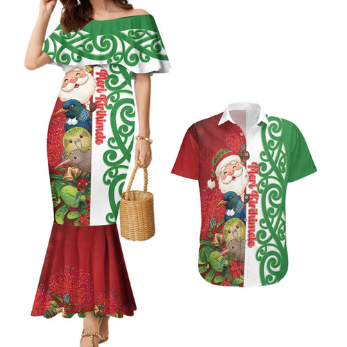 Meri Kirihimete New Zealand Personalised Couples Matching Mermaid Dress and Hawaiian Shirt Cute Santa NZ Animals and Pohutukawa