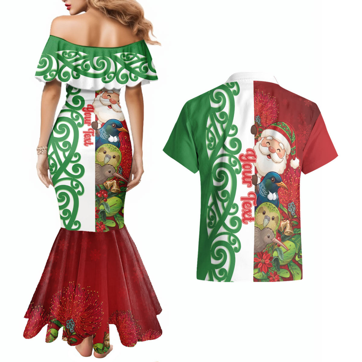 Meri Kirihimete New Zealand Personalised Couples Matching Mermaid Dress and Hawaiian Shirt Cute Santa NZ Animals and Pohutukawa